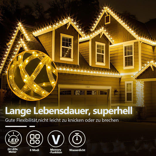 50m LED strip light, 1200 LEDs rope light 8 modes, outdoor LED tube light chain with timer for indoor outdoor garden party Christmas decoration - warm white
