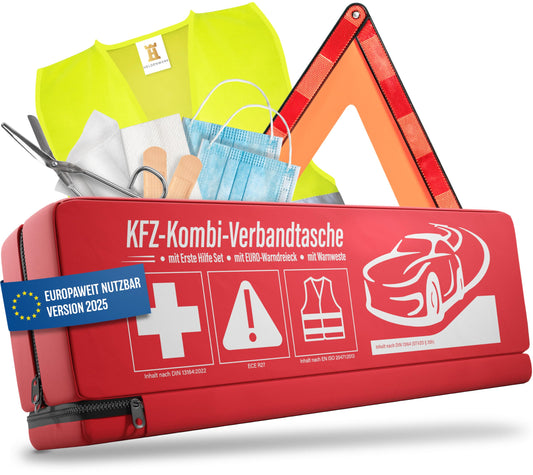 HERO WORK vehicle combination bag (3 in 1) according to current standard 2025 - Including warning triangle, high-visibility vest - First aid kit warning triangle set first aid kit car DIN 13164:2022 (in compliance with road traffic regulations)
