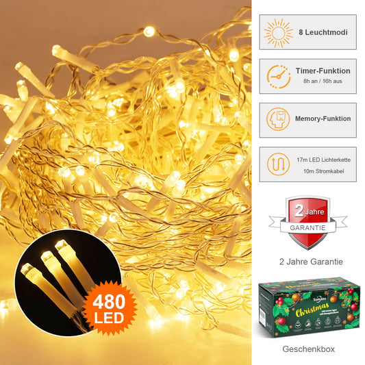 [480 LED] String Lights, 17M 8 Modes Outdoor String Lights with Memory Function for Garden Balcony Christmas Decorations, Waterproof Outdoor/Indoor LED String Lights, Warm White