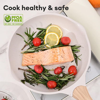 JEETEE Aluminum Frying Pan 20 cm Glass Lid, Pan with Non-Stick Coating, Induction Gas Electric Oven, Coated Frying Pans, Induction Pan with Handle, frying & cooking, PFOA-free (beige)