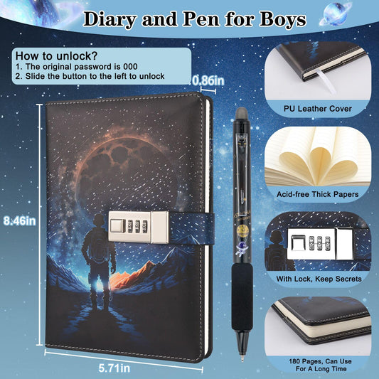 Boys Diary Journal with Lock, Kids Notebook, Back to School Birthday Gifts for Boys 8-15 Years, Diaries with Code for Teens Adults Girls.