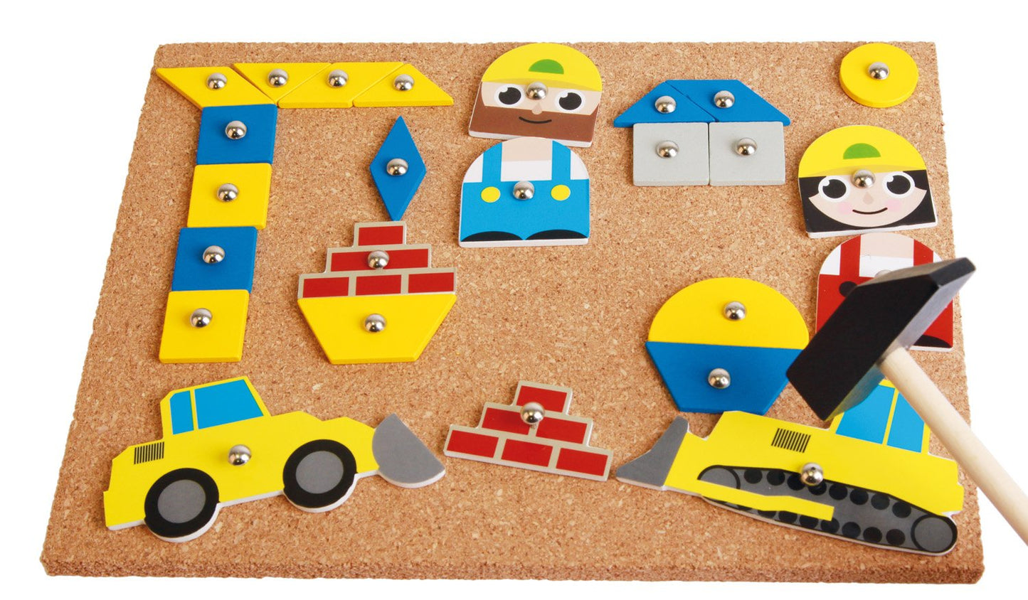 Lena 65828 Hammer Game, nail game with 64 colorful construction pieces, approx. 28 x 19.5 cm & Hammer Game Vehicles, with 64 colored pieces in different shapes, approx. 28 x 19.5 x 1.4 cm