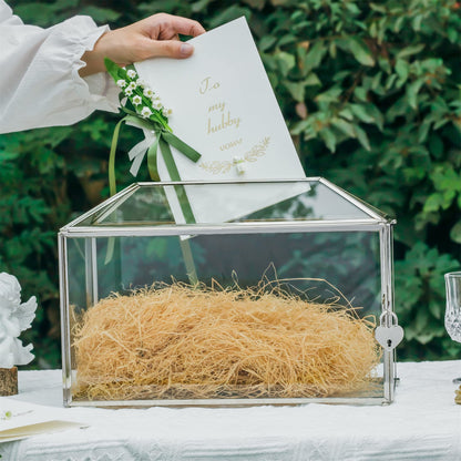 NCYP 32x15x23cm Silver Wedding Card Box made of glass with slot and lock. Handmade decoration for thank you cards, keepsakes, envelopes, terrarium (Glass box and lock only)