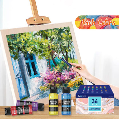 INK LAB Acrylic Paint Set 36 x 60 ml, Waterproof and lightfast acrylic paints, Quick-drying for paper, wood, canvas, fabrics, Ideal for beginners and professionals.
