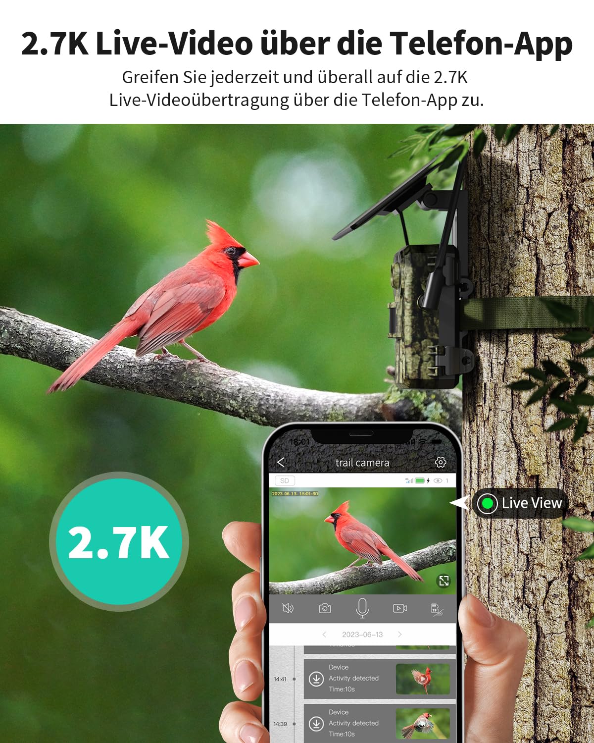 NUASI 4G LTE trail camera with SIM card, cell phone transmission app, motion sensor night vision, 2.7K 4G solar trail camera with 128G storage card, IP66 waterproof, PIR detection.