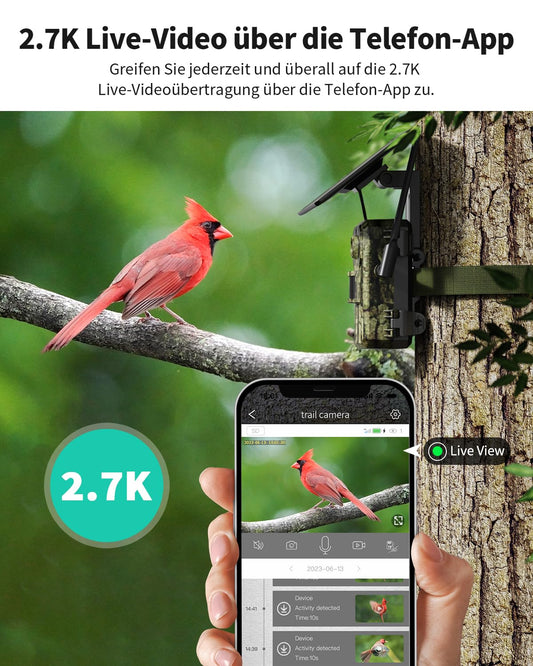 NUASI 4G LTE trail camera with SIM card, cell phone transmission app, motion sensor night vision, 2.7K 4G solar trail camera with 128G storage card, IP66 waterproof, PIR detection.