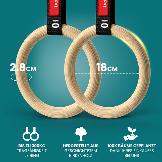 BeMaxx Wooden Gymnastic Rings + Door Anchor & Training eBook - Olympic Gymnastic Wooden Rings & Straps + Markings | Gymnastic Rings Fitness Rings Workout Sport | Men Women