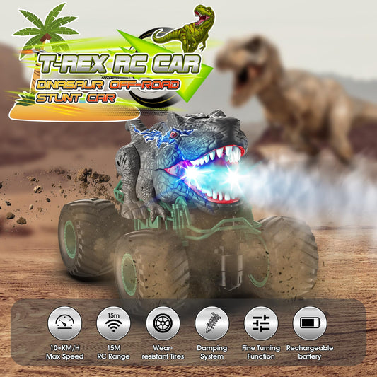 HappyGoLucky Monster truck remote control car for ages 3-8, Dinosaur toy for 3-10 year old boys, RC car with spray mist, music, LED lights, outdoor toy for Easter gifts.
