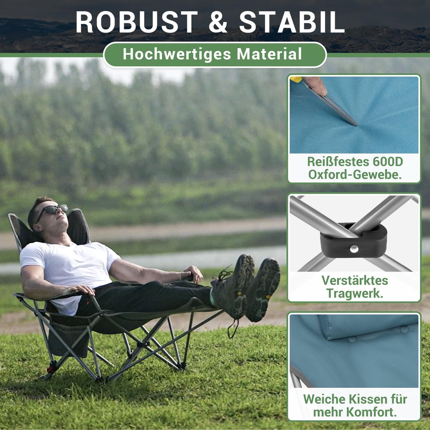 #WEJOY 2-in-1 camping chair with footrest, padded recliner with adjustable backrest, lounge chair with cup holder, perfect for outdoor camping in cyan color. Set includes 2 chairs.