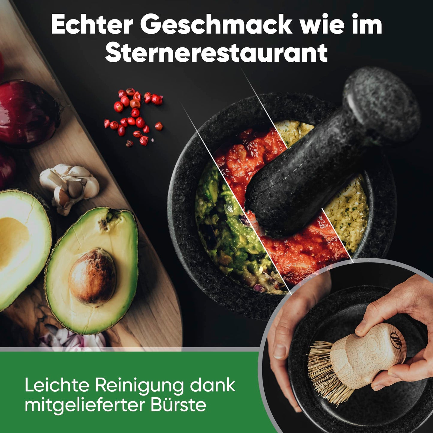 ATNITY Granite Mortar and Pestle Ø 14.5cm - Stone mortar with extra long pestle - Mortar on elegant and stable beech wood base with silicone cover and cleaning brush included in set.