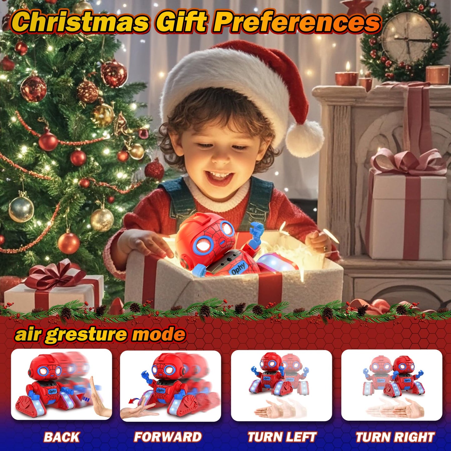 Ophy Robot Kids Toy Spider, rechargeable and projectable, RC robot with LED eyes and music, RC toy monster with gesture sensor for kids 3-8 years old, boys and girls gift, Red