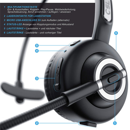 CSL - Wireless headset with charging dock - Mono Bluetooth headset with microphone - USB charging port - Multipoint, noise cancellation - lightweight - hands-free calling - PC tablet smartphone - home office office
