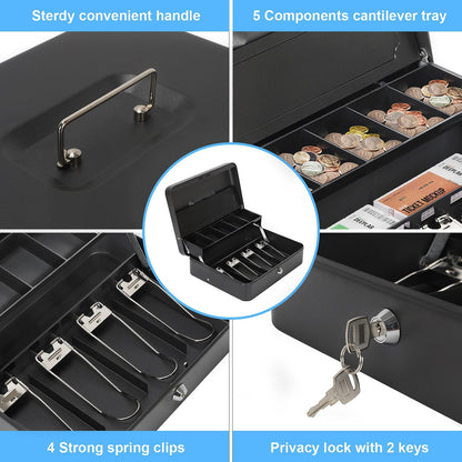 HAITRAL lockable money box, banknotes and coin storage, metal cash box, portable large money box with 2 keys - W 30 x D 24 x H 9 cm, Black