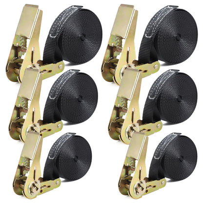 SVIPDDD Ratchet Tie Down Straps Set-6 Pieces 2M/4M/5M, webbing 25mm wide, load capacity up to 1000 kg, ratchet tie downs for motorcycle, bike, luggage & camping securement, tie down straps (Black)