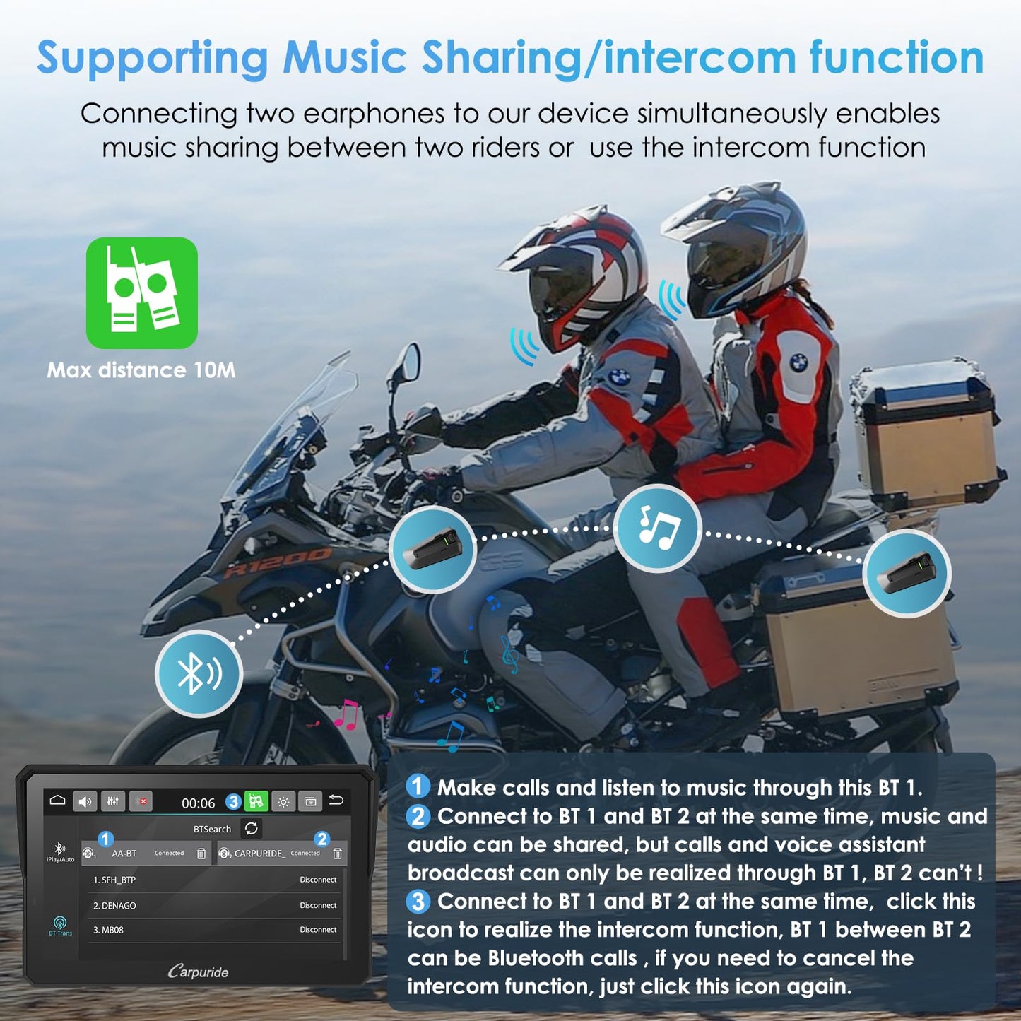The Carpuride W702 Pro motorbike Carplay screen features intercom function, wireless CarPlay and Android Auto, portable waterproof 7-inch touchscreen, improved dual Bluetooth, navigation, compass.