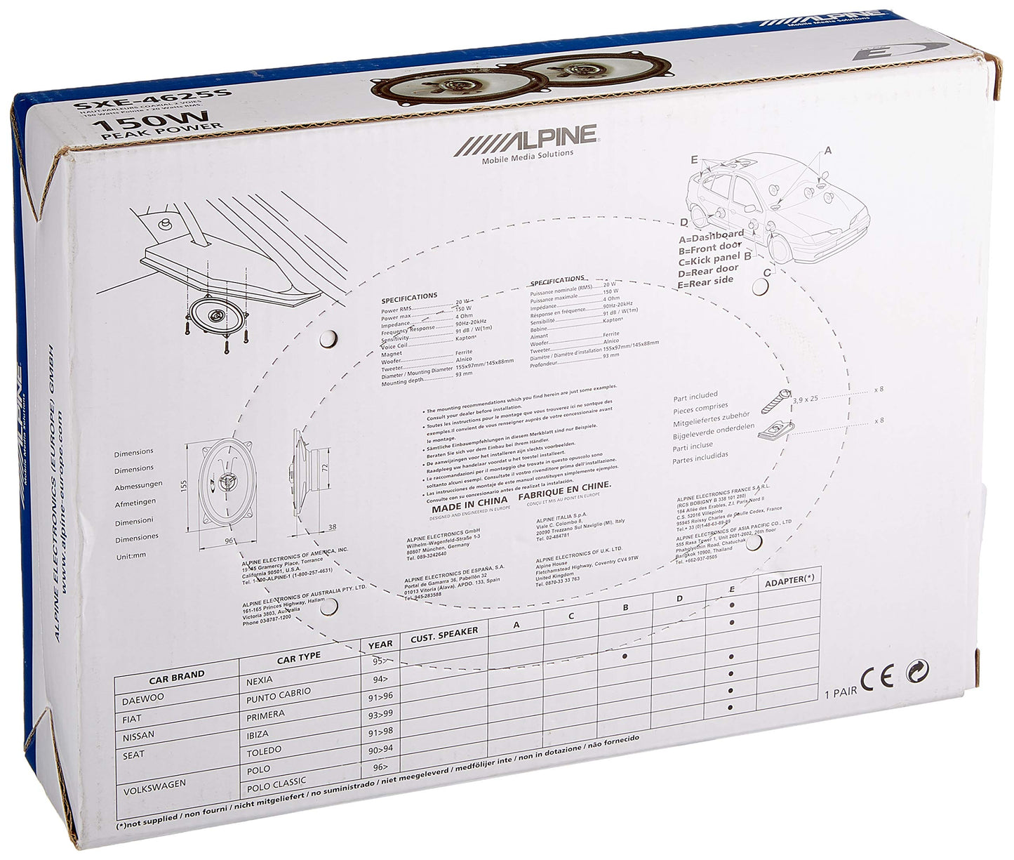 Alpine SXE-4625S - 4x6 inch 2-way coaxial speakers, 60w, black.