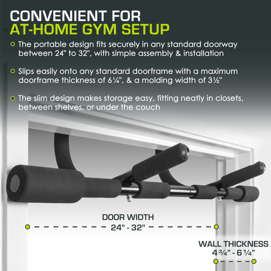 ProsourceFit Multi-Grip Lite Pull Up/Chin Up Bar, a sturdy doorway bar for upper body workouts at home gyms. Adjustable length from 24”-32”.