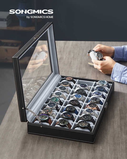SONGMICS Watch Box, lockable watch case, storage organizer for watches, with 24 compartments, glass lid, gift for loved ones, black JWB024