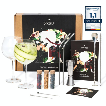 Cocora Gin-Tonic gift set | 11-piece cocktail set | Gin accessories | Gin tonic cocktail glasses | Spices (Silver)