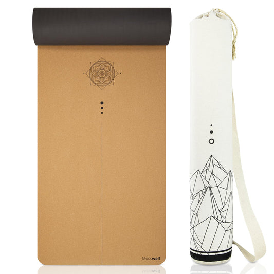 Mosswell Premium Cork Yoga Mat (4mm thick) - Non-slip fitness mat with alignment lines - Pilates mat + Yoga bag