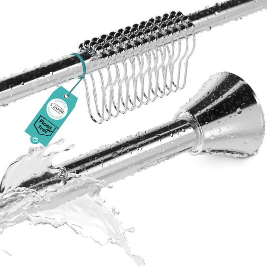 Shower curtain rod without drilling incl. 12 rings - Stable 120-215cm telescopic shower rod without drilling made of stainless steel rustproof - Shower curtain rod set - Telescopic rod shower & bathtub