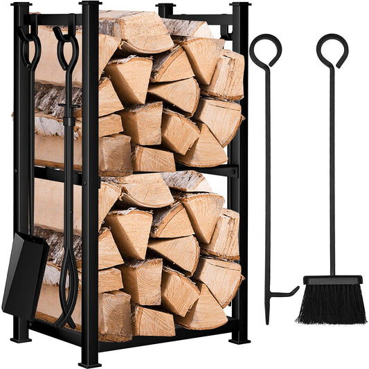 Amagabeli Fireplace Log Rack with 4 Fireplace Tools 72x46x30cm Indoor Firewood Stand Fireplace Log Rack Fireplace Tool Set Outdoor Wood Rack 2 Shelves Wrought Iron Firewood Rack Fireplace Tools Black