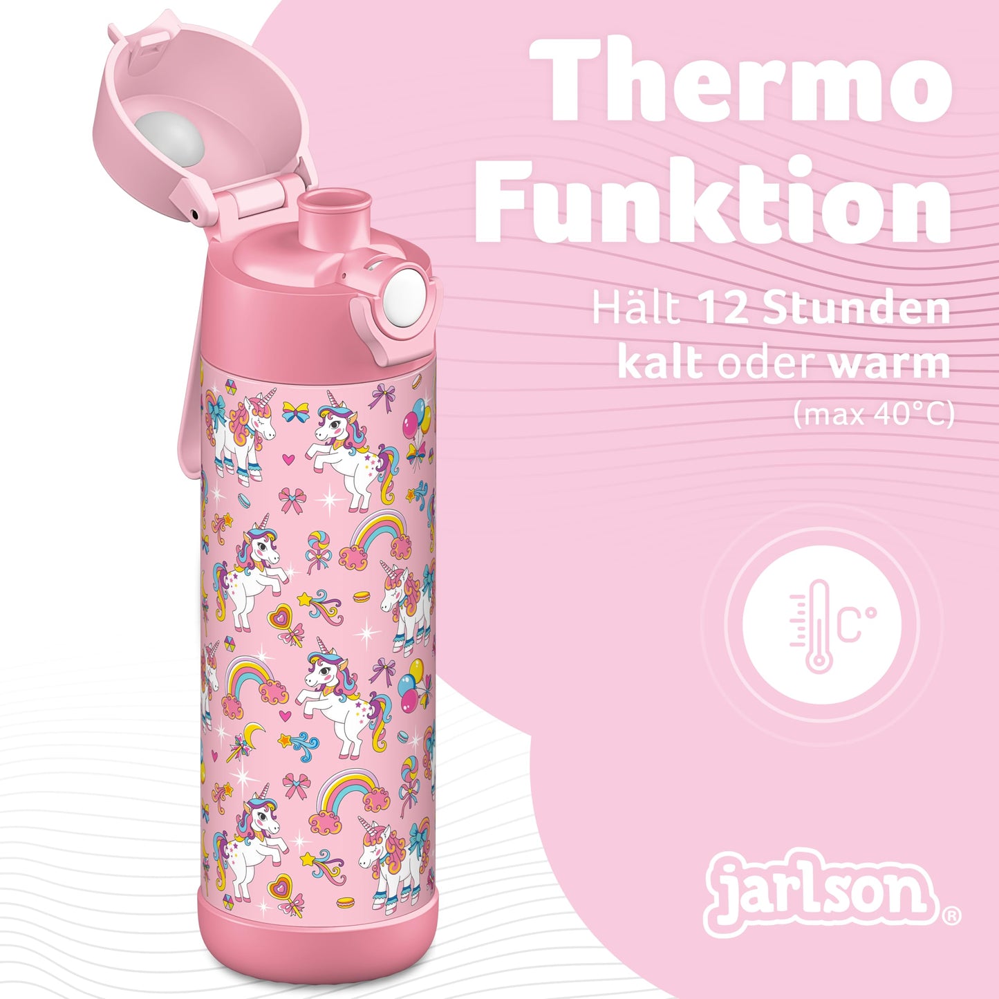 JARLSON® Kids Water Bottle "MALI" - Stainless Steel Thermos Bottle - BPA free - Leakproof - Kids Bottle with Chug Lid - Bottle for School, Kindergarten - 350ml (Unicorn, 500ml)