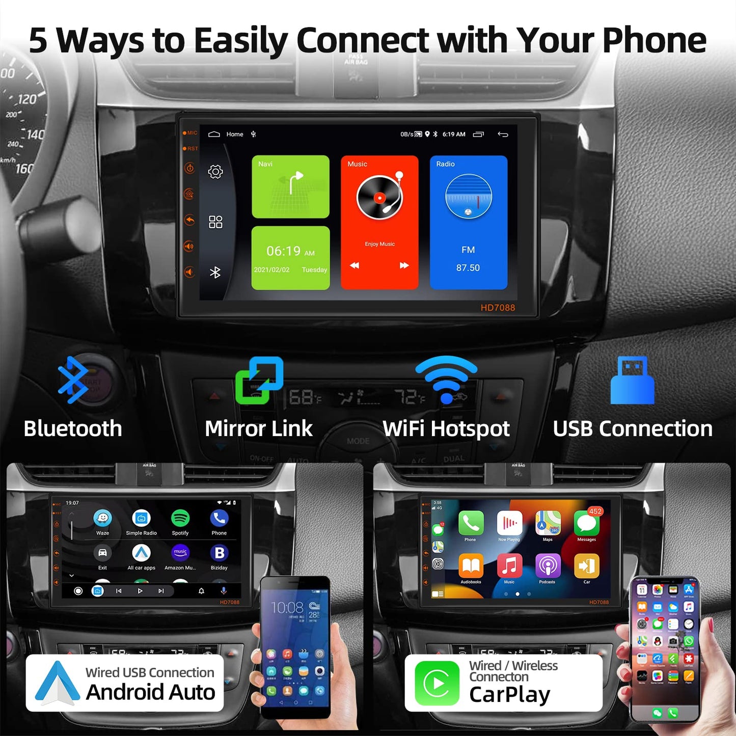 Podofo 2 Din car stereo with wireless Apple Carplay, Android Auto, Bluetooth. Android 13 Double Din car radio with 7-inch touchscreen display, WiFi, GPS, FM/RDS + rearview camera.