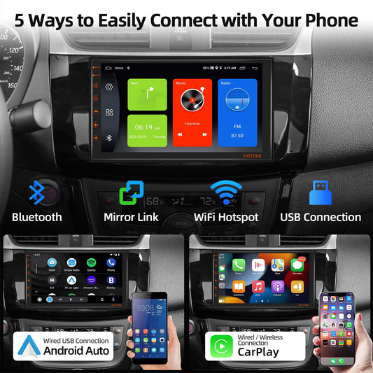 Podofo 2 Din car stereo with wireless Apple Carplay, Android Auto, Bluetooth. Android 13 Double Din car radio with 7-inch touchscreen display, WiFi, GPS, FM/RDS + rearview camera.