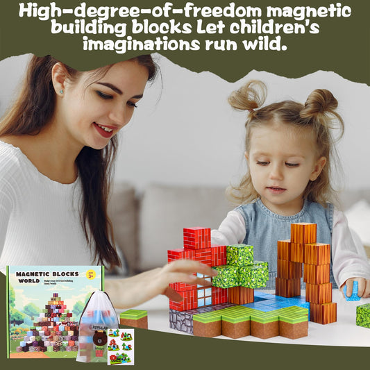 Azyvum Magnetic Building Blocks, 64 Pieces Magnetic Building Blocks for Kids, Forest World Montessori Sensory Cube for Toddlers, Magnetic Birthday Gifts for 3-10 year old boys and girls.