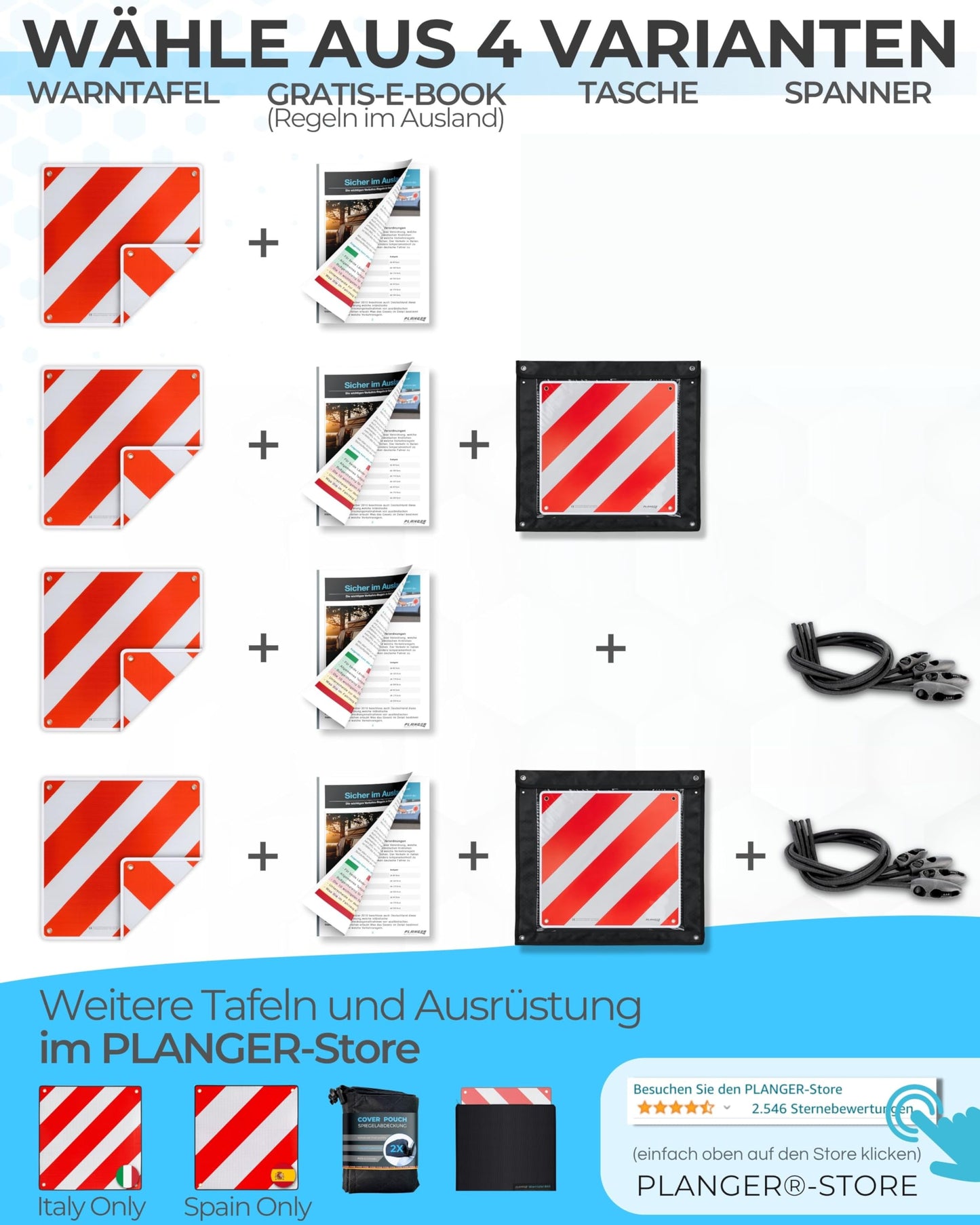 PLANGER® - Warning sign Italy and Spain & Portugal 3in1 (50 x 50 cm) (sign + bag) - Reflective warning sign red white for rear carriers and bike racks