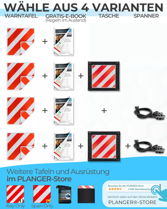PLANGER® - Warning sign Italy and Spain & Portugal 3in1 (50 x 50 cm) (sign + bag) - Reflective warning sign red white for rear carriers and bike racks