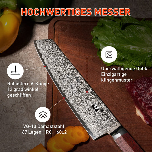 FUJUNI Damascus Knife Kiritsuke Professional Chef's Knife with Extremely Sharp 20 cm Blade Made of 67 Layers Vg-10 Damascus Steel Kitchen Knife, Wood Handle, Gift Box.