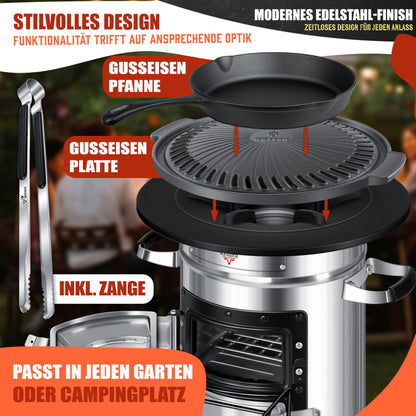 KESSER® Rocket stove incl. cast iron grill pan, griddle, grill tongs & carrying bag | Dutch Oven BBQ Rocket wood stove camping | Outdoor camping stove camping grill stainless steel silver