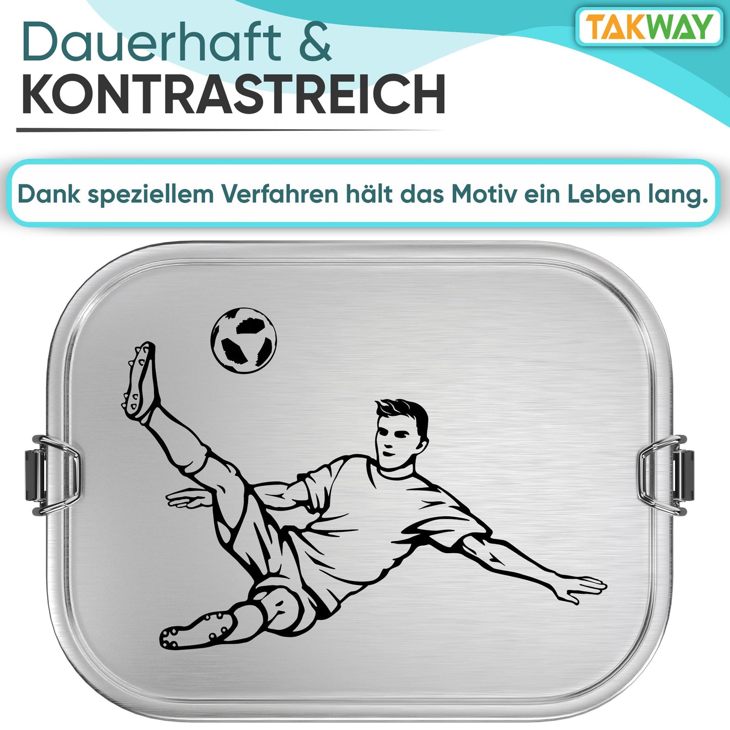 TAKWAY stainless steel lunchbox for kids with compartments 800ml | Leakproof | Bento box with adjustable dividers | Snack box lunchbox for kindergarten school (soccer, divider)