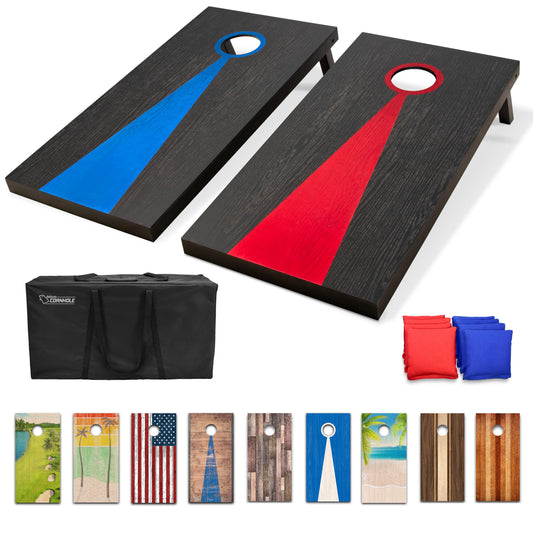 GoSports Cornhole Set, regulation size wooden boards (120 x 60 cm), dark wood design, 2 boards, 8 bean bags, carrying case, and game rules.