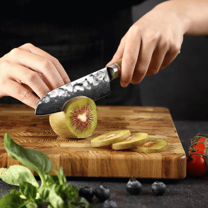 zayiko Minami Premium small Santoku knife with 12 cm blade made of 67 layers of genuine Damascus steel with hammered finish and olive wood handle I wooden box I Damascus knife kitchen knife and professional chef's knife