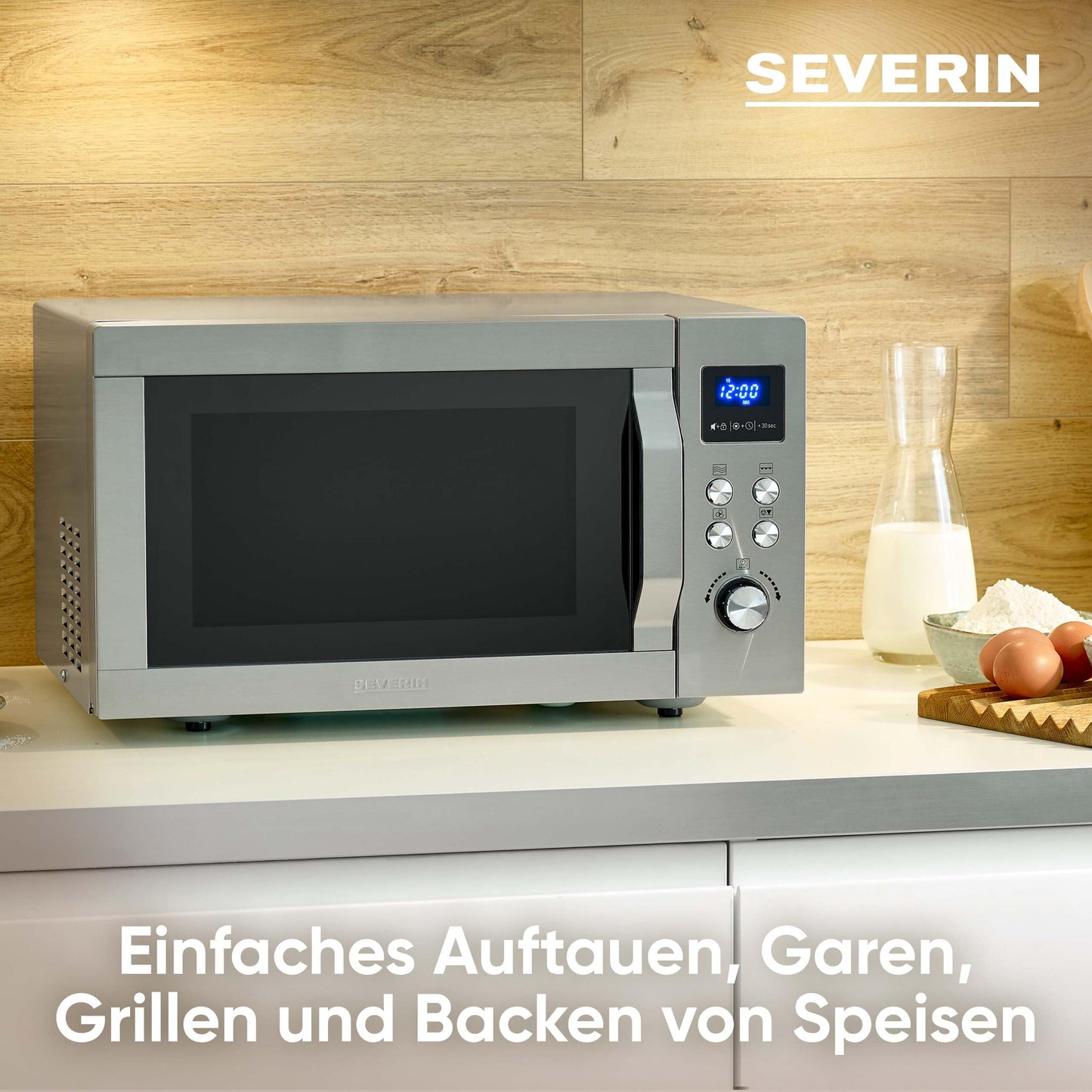 SEVERIN microwave with grill and hot air function 3-in-1, for thawing, steaming and heating, microwave with turntable, brushed stainless steel/silver, MW 7774