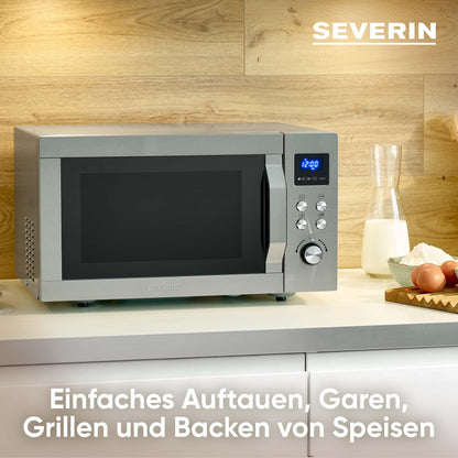 SEVERIN microwave with grill and hot air function 3-in-1, for thawing, steaming and heating, microwave with turntable, brushed stainless steel/silver, MW 7774