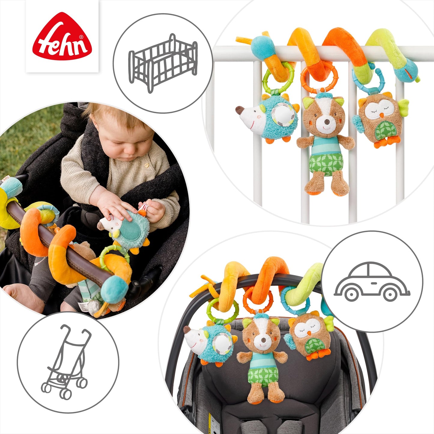 Fehn 071153 Activity Spiral Sleeping Forest - Fabric spiral for grasping and feeling for cribs, strollers, playpens - Suitable for babies and toddlers from 0+ months - Dimensions: 30cm long