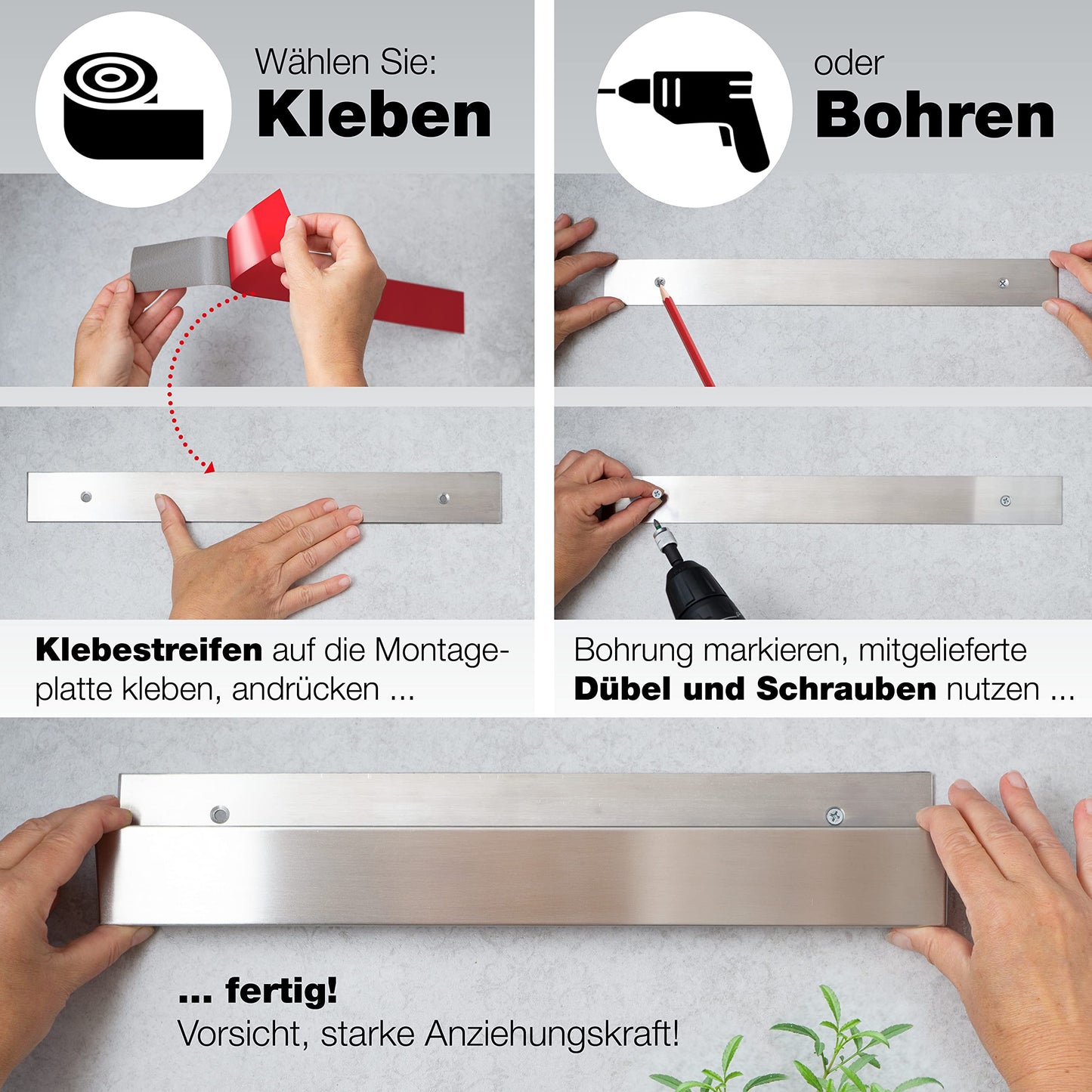 Moritz & Moritz 40cm Self-adhesive Knife Magnetic Strip - Knife Magnetic Strip for Gluing or Drilling - Magnetic Knife Holder made of Stainless Steel - Knife Magnetic Rail for Kitchen Tools and Utensils