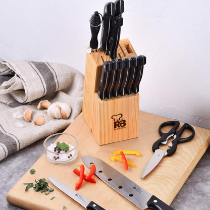 RENBERG Tenessy | Kitchen knife | 15-piece complete set with wooden handle | Perfect for cutting all types of ingredients | Professional kitchen | Made of stainless steel
