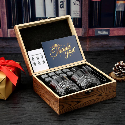 Whiskey Stones Whiskey Glasses, 2 glasses, 8 granite whiskey ice cubes, wooden gift box, gift for whiskey lovers/men/Christmas/birthday/Father's Day (310ml)