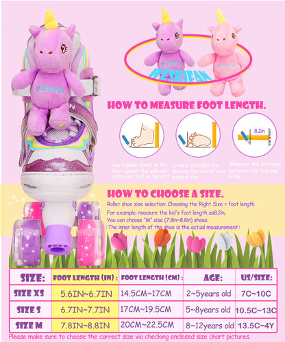 Children's unicorn doll roller skates for girls, adjustable in 4 sizes with glowing wheels. Quad roller skates for beginners, perfect for Christmas and birthday gifts. Size S (30-33).