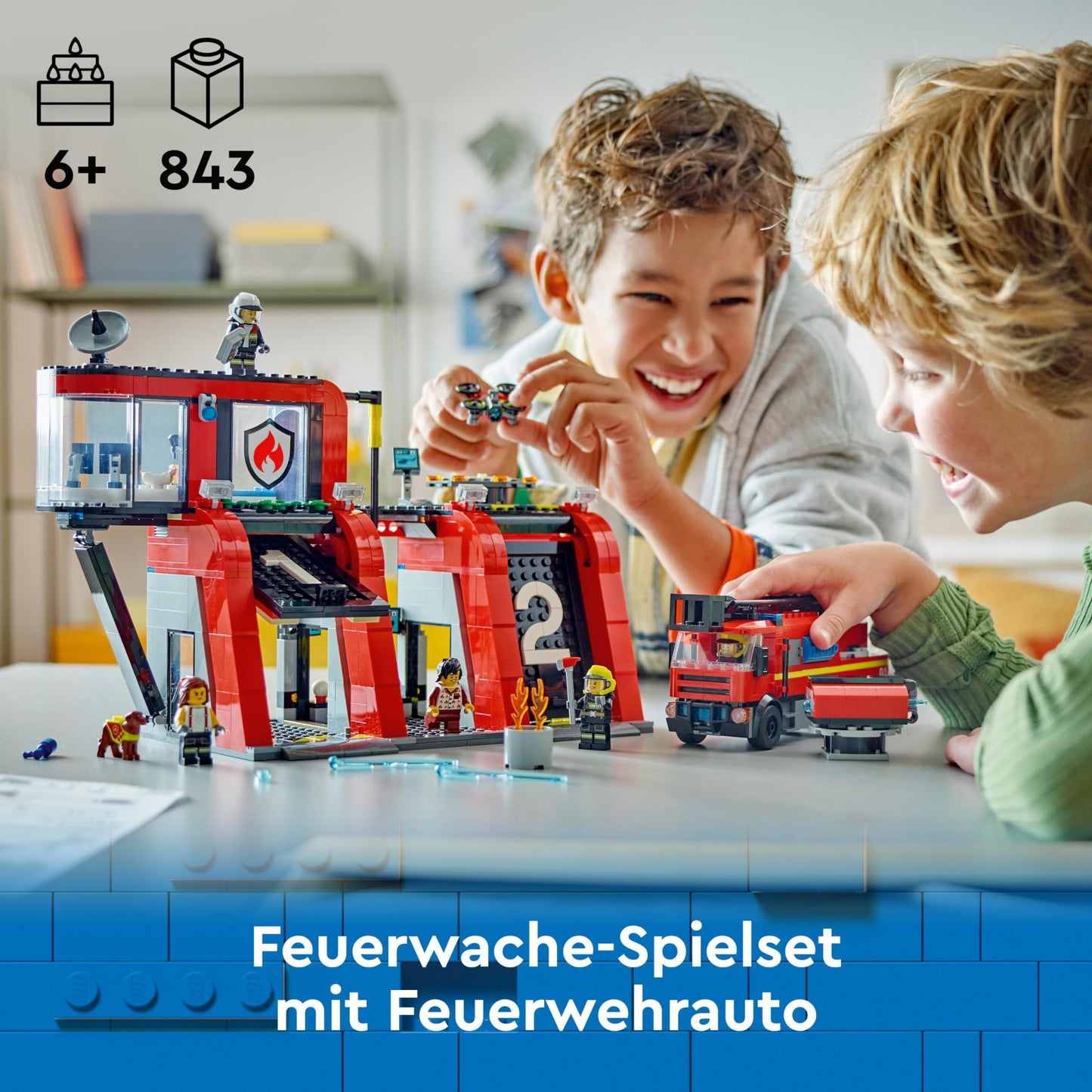 LEGO City Fire Station with ladder truck, fire playset & City Police Station with police car, garbage truck, and helicopter.