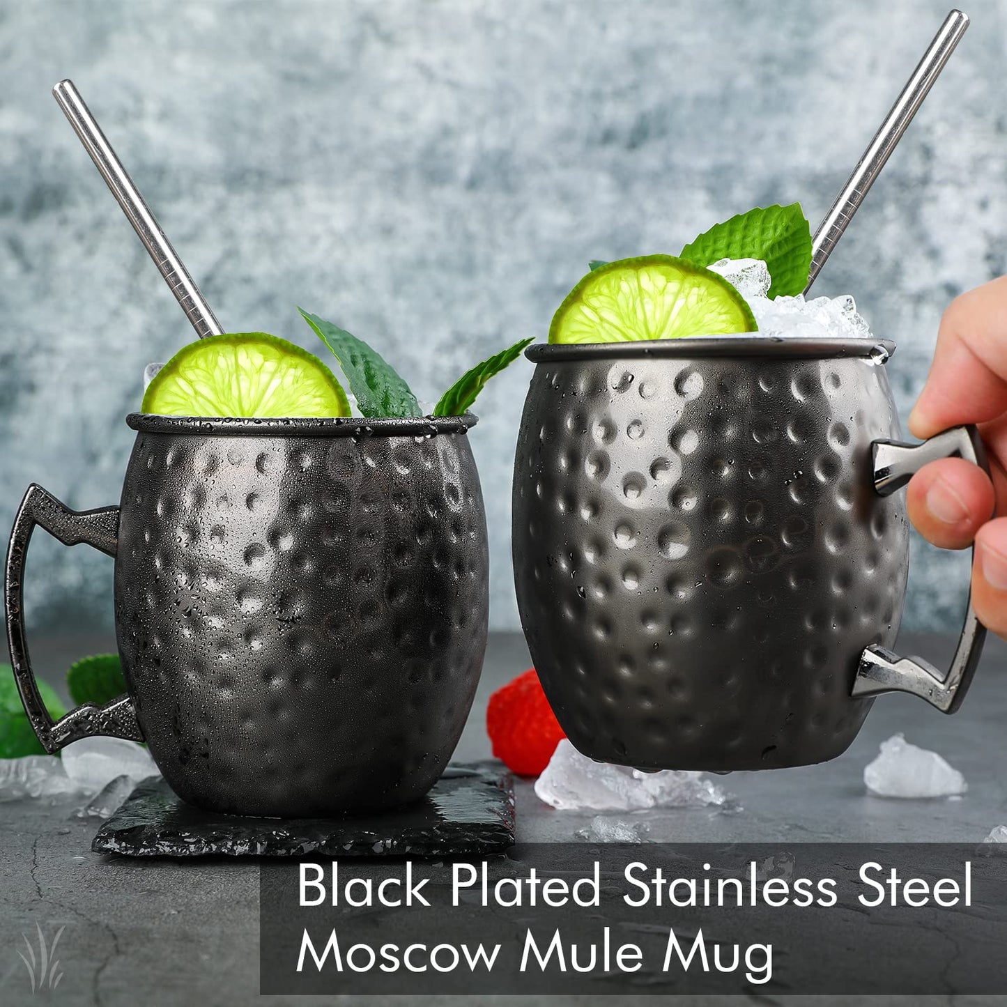 Set of 4 black Moscow Mule cups, 530ml, gunmetal black plated stainless steel, double jigger, chilled drinks, cocktail cups, drinkware with gift box.