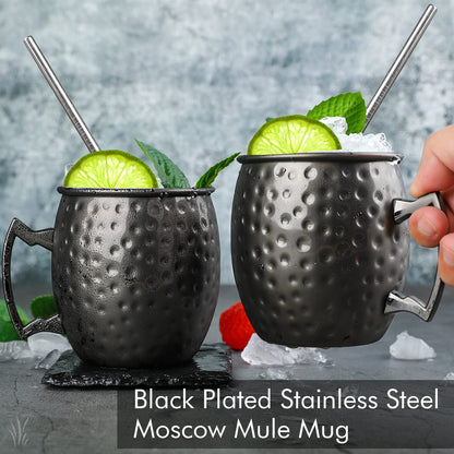Set of 4 black Moscow Mule cups, 530ml, gunmetal black plated stainless steel, double jigger, chilled drinks, cocktail cups, drinkware with gift box.
