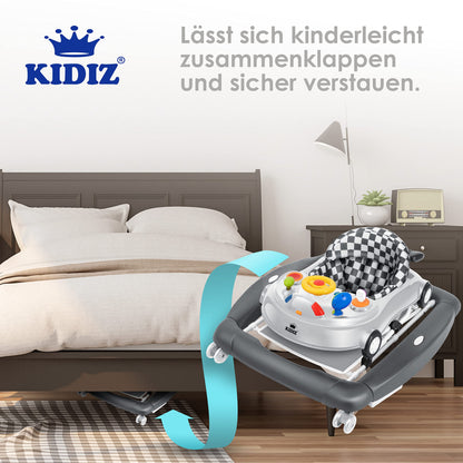 KIDIZ® 4in1 Baby walker activity center - rocker, walker, highchair, and play center with wheels, lights, music, and games. Suitable for babies from 6 months old. Foldable.