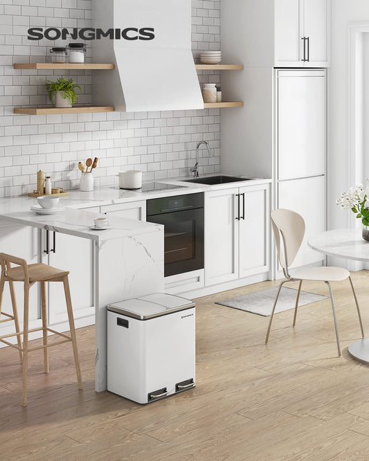 SONGMICS Kitchen Trash Cans, 2 x 15 liters, Waste Separation System 2 compartments, including 15 garbage bags, Trash can, Pedal bin, recyclable waste, organic waste, Soft-close lid, cloud white LTB30WT