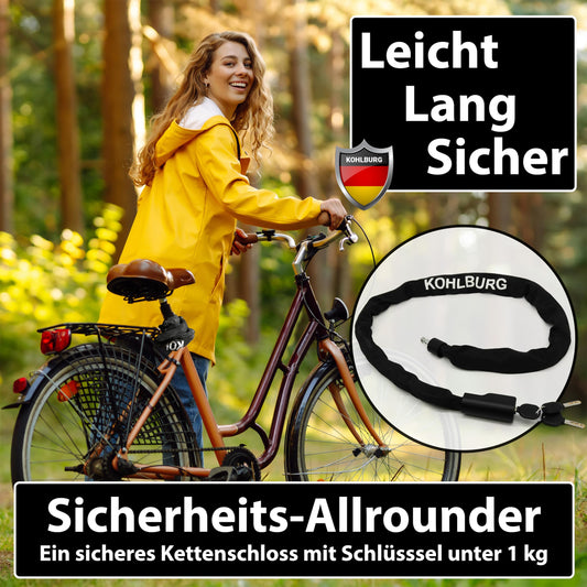 KOHLBURG chain lock bike [103cm long, 6mm thick titanium steel chain] - clickable bike lock with key [3x] also usable as e scooter lock & e bike lock - high security bike lock